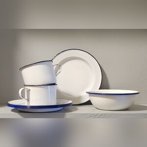 Vintage White And Blue Metal Enamelware Bundle
